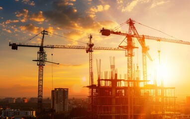 Modern construction site with multiple cranes against a sunset sky.