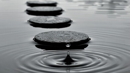 Wall Mural -   A black-and-white image depicts three stones submerged in a tranquil water body, with gentle ripples spreading across its glassy surface