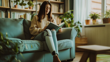 Woman with prosthetic leg reading a book on a sofa.