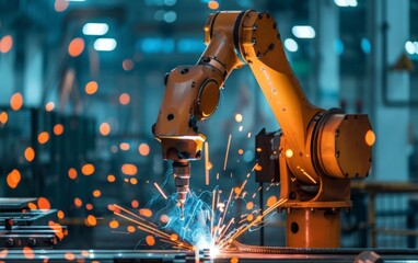 Wall Mural - Robotic arm welding in an industrial setting with vibrant sparks flying.