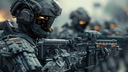 Wall Mural - Futuristic Soldier with Modern Tech Weapons