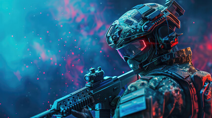 Wall Mural - Futuristic Soldier with Modern Tech Weapons