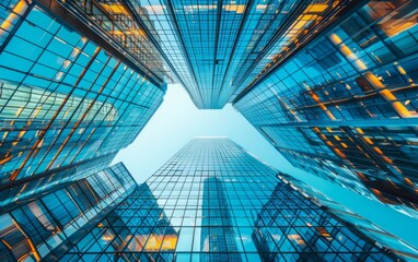 Wall Mural - Skyward view between towering blue glass skyscrapers under a clear sky.