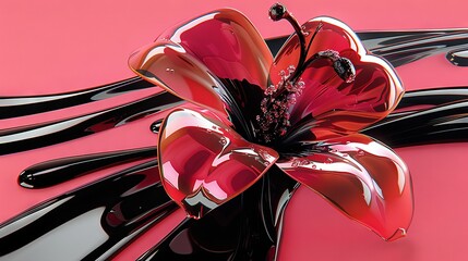 Wall Mural -   A photo of a red and black flower on a pink background, framed by black and white stripes
