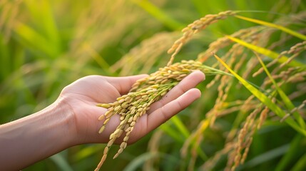 Woman hand holding rice and paddy field background. Rice price in the world market concept. World yield for rice. Zakat concept. Rice plantation. Organic farm. Staple food in Asia. Plant cultivation