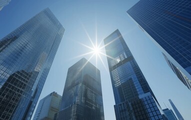 Wall Mural - Sunlit modern skyscrapers under a clear blue sky.