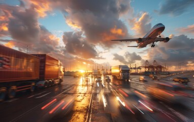 Sunset over a bustling port with a truck and airplane in motion.