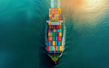 Top view of a vibrant cargo ship cruising on the ocean.