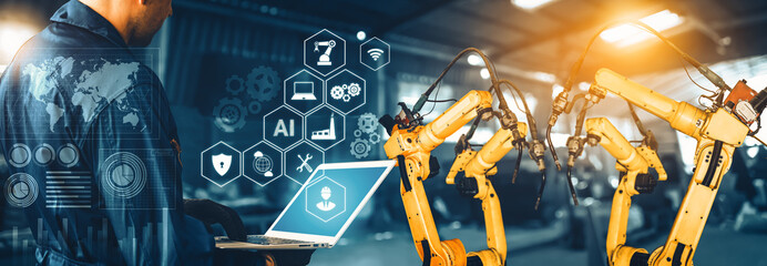 Wall Mural - MLB Smart industry robot arms for digital factory production technology showing automation manufacturing process of the Industry 4.0 or 4th industrial revolution and IOT software to control operation.