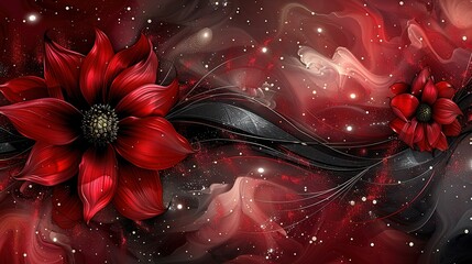 Wall Mural -   Red flower on black-red backdrop with swirls and stars in the center