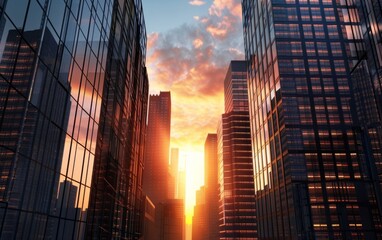 Wall Mural - Urban canyon with skyscrapers framing a glowing sunset.