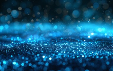 Vast expanse of glowing blue particles and light bokeh on dark background.