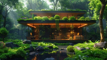 Wall Mural - A futuristic office with transparent walls revealing a lush, green forest outside