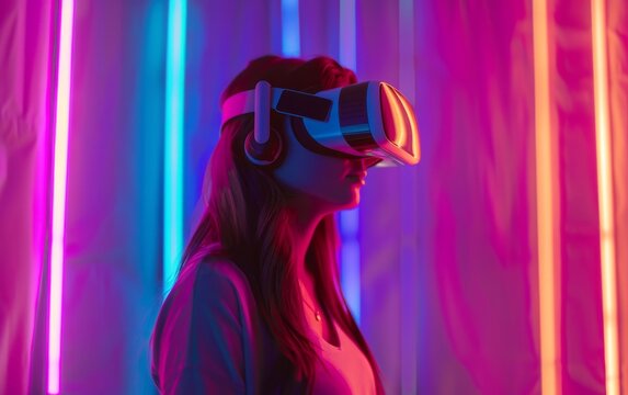 Woman in VR headset illuminated by vivid neon lights.