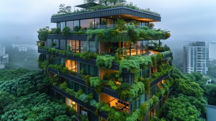 Wall Mural - An office building with vertical gardens and green roofs, showcasing eco-friendly architecture