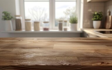 Wall Mural - Wooden countertop with blurred kitchen window and containers.