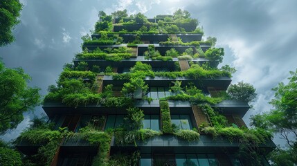 Wall Mural - An office building with vertical gardens and green roofs, showcasing eco-friendly architecture