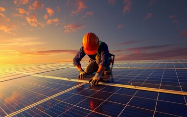 Worker in helmet installing solar panels at sunset.