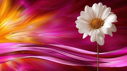   A white flower atop a pink and yellow blossom, alongside a white and yellow arrangement on top of a red and yellow bloom