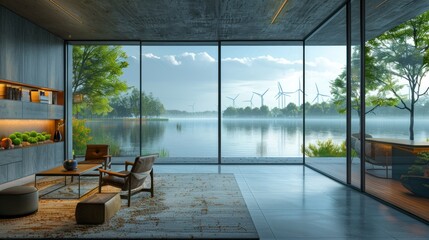 Wall Mural - An office with floor-to-ceiling windows overlooking a pristine lake and wind farm