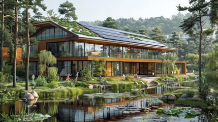 Poster - A corporate building with solar panels, surrounded by a community park with people enjoying nature