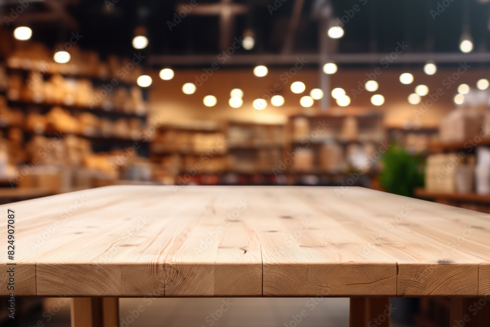 Abstract blurred of department store with empty wooden table counter ...