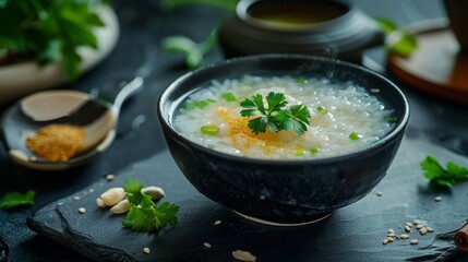 A bowl of Chinese congee with a cup of green tea