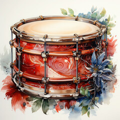 Watercolor Vibrant Painted Drum Illustration, Generative Ai