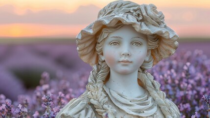 Wall Mural -   A close-up of a statue of a woman amidst a field of purple flowers, with a stunning sunset as the backdrop