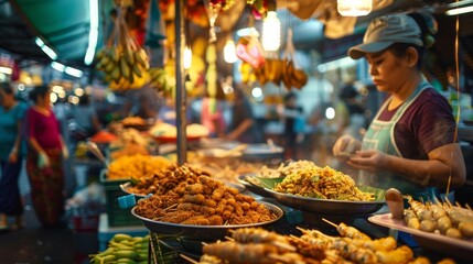 A bustling Thai food market with a vendor preparing spicy fish cakes, with colorful ingredients and traditional decorations in the background