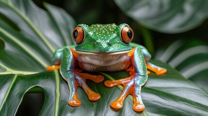 Wall Mural -   A frog on a green leaf in a close-up, with a red-eyed gaze