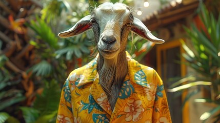 Wall Mural -   A close-up of a goat wearing a yellow shirt and a floral shirt with horns on its head