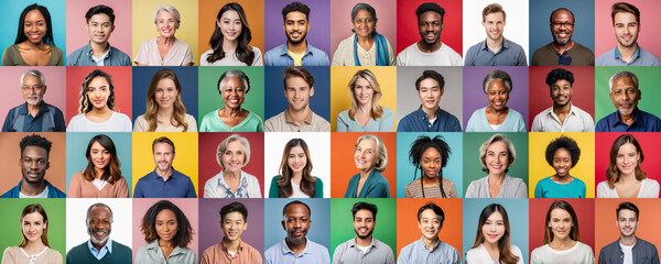 diverse people collage, portraits on colorful background. people of all ethnicities, ages, sexual or