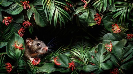 Wall Mural -   A rat pokes its head out from a flower-filled plant against a dark backdrop