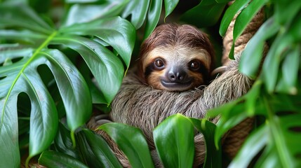 Wall Mural -   A close-up of a sloth in a tree with a plant in the foreground and leaves in the background