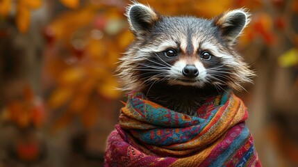 Wall Mural -   A raccoon with a scarf on its neck, looking at the camera and standing in front of a tree