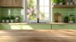 © Musamir - Wooden table top on blurry kitchen room background,Modern contemporary green kitchen room interior