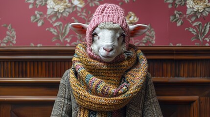 Wall Mural -   A sheep in a pink knitted hat and scarf with two scarves around its neck