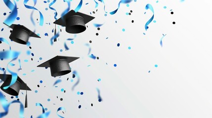 Wall Mural - a black graduation cap that seemed to float in the air, surrounded by a shower of blue ribbons