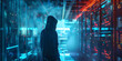 © Ali - Dark Web Sentinel Male Hacker Standing Among Illuminated Servers, Defender of Data Silhouette of a Hacker in the Server Room's Neural Network