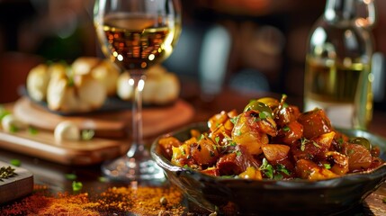 A dish of Spanish tapas with a glass of sherry