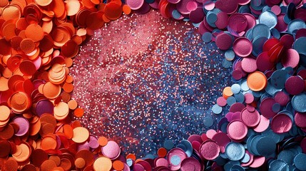 Wall Mural -   A colorful confetti scene on a blue-red-orange-pink background featuring a large central confetti circle