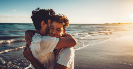 A young gay couple hugging and kissing at a summer sea beach. Romantic love scene at sunset. Copy space.