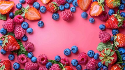 Wall Mural -   Strawberries, blueberries, raspberries arranged in a heart shape on a pink background