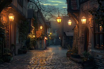 Wall Mural - Quaint Cobblestone Street Lit by Lanterns at Twilight  