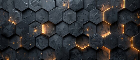 Poster - Abstract futuristic luxurious digital geometric technology hexagon background banner illustration 3d - Glowing gold, brown, gray and black hexagonal 3d shape texture wall