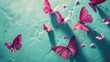 © Shanti - A flock of pink butterflies flying against a blue wall on a light green background, set against a light blue background