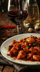 Wall Mural - A plate of Chinese kung pao chicken with a glass of plum wine