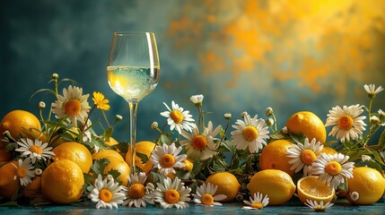 Wall Mural -   A glass of wine sits atop a table, surrounded by lemons and daisies