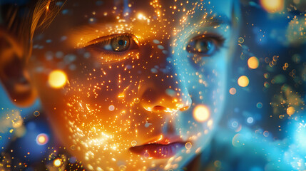 Poster - Child with sparkling particles on face in dreamy atmosphere